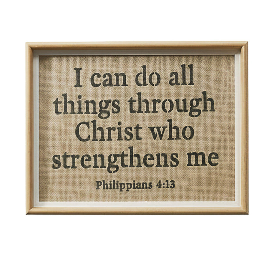 Framed text with Philippians 4:13 quote on a beige background