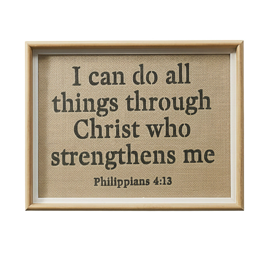 Framed text with Philippians 4:13 quote on a beige background