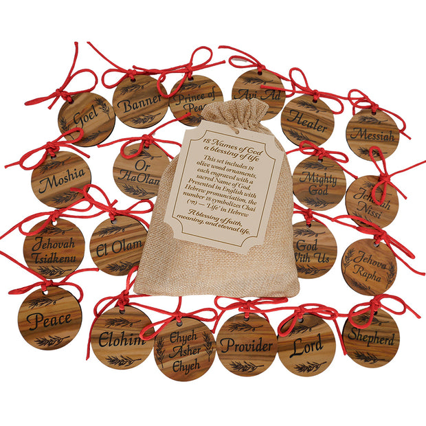 Names of God Olivewood Christmas Ornament Gift Set (18 Ornaments)