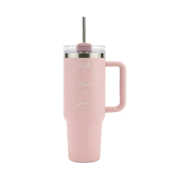 Pink tumbler with handle and straw lid on a white background