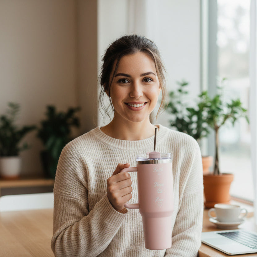 Woman holding a pink travel mug indoors with plants and a laptop in the background