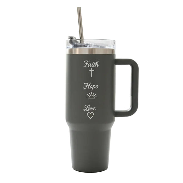 Gray tumbler with 'Faith', 'Hope', 'Love' text and symbols on a white background