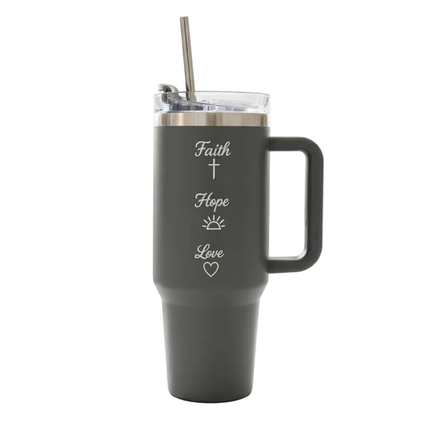 Gray tumbler with 'Faith', 'Hope', 'Love' text and symbols on a white background